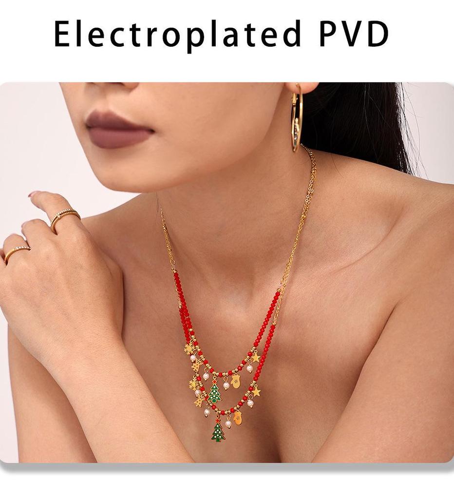 Ferris Wheel Enamel Christmas Zircon Tree Pendant Necklace - European & American Light Luxury Stainless Steel Jewelry