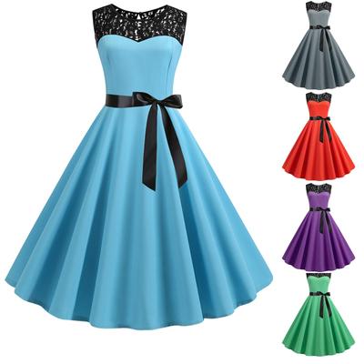 Women Vintage 1950s Retro Sleeveless Lace Splice Solid Party Prom Swing Dress