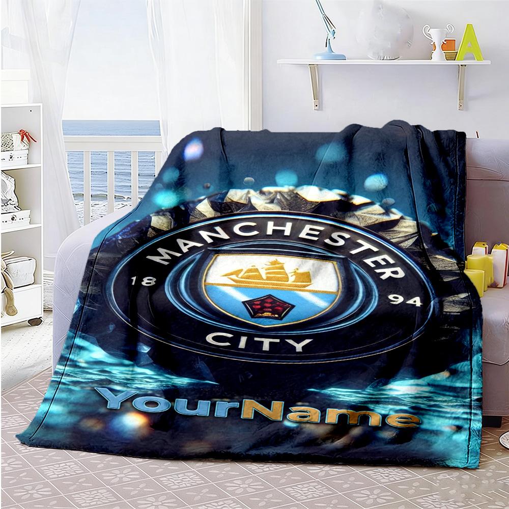 Manchester City Personalized Name Blanket Multi-purpose Customizable Blanket Soft Warm Cozy Perfect for Nap Bed Seaside Couch Four Seasons Multipurpos