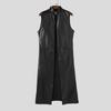 INCERUN Men Stand Collar Sleeveless PU Faux Leather Open Front Casual Long Maxi Cardigan Coats