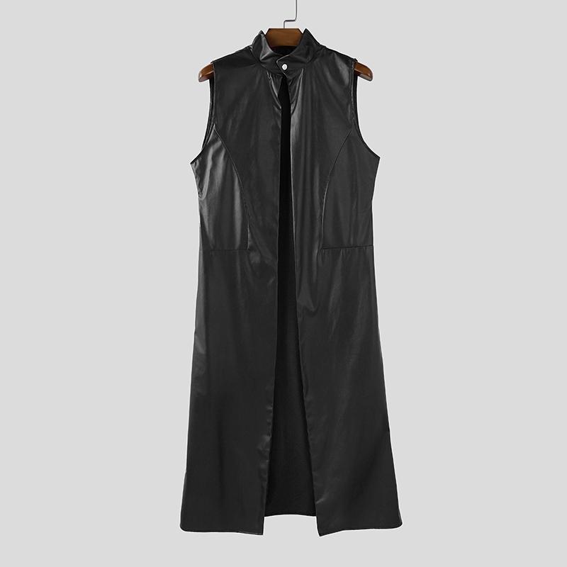 INCERUN Men Stand Collar Sleeveless PU Faux Leather Open Front Casual Long Maxi Cardigan Coats