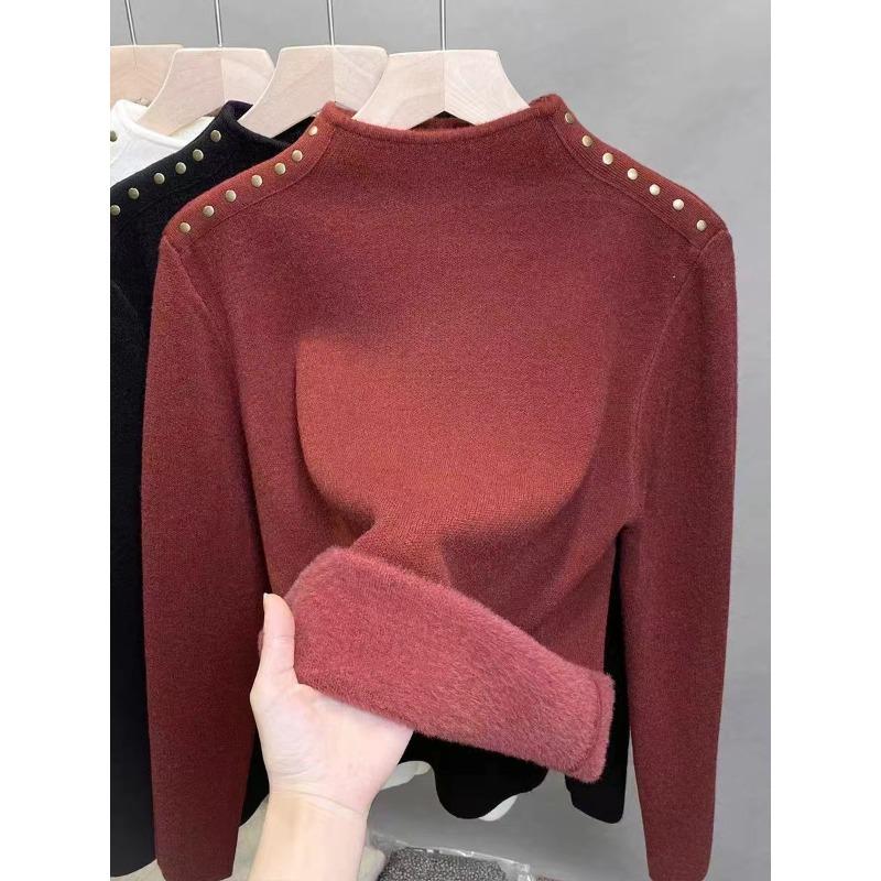 One-piece fleece semi-turtleneck sweater women's fleece thick bottoming shirt autumn and winter new rivet knitted sweater inner top