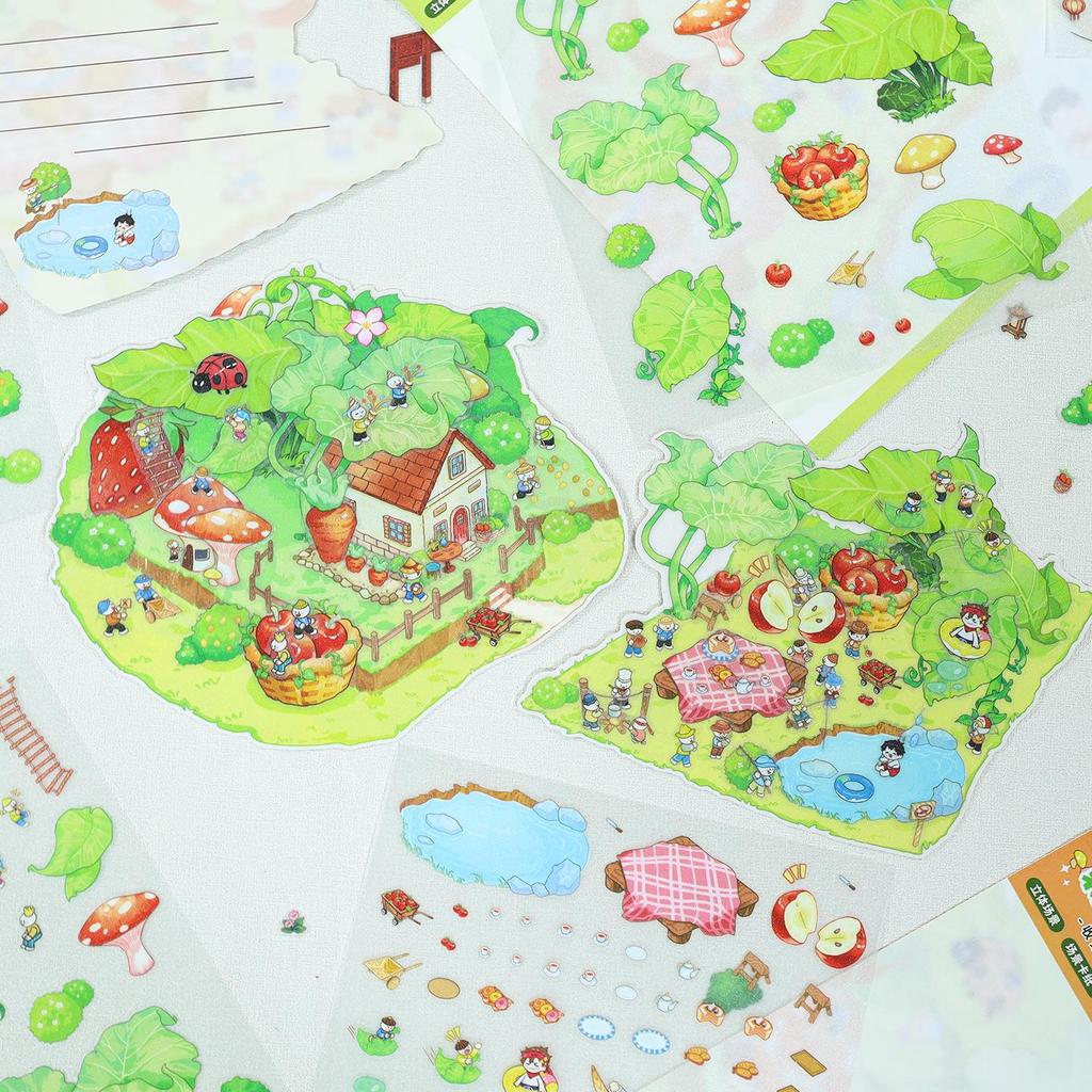 3D Stereo DIY Collage Landscape Stickers - Frosted PET Die-Cut for Journaling & Miniature Scenes