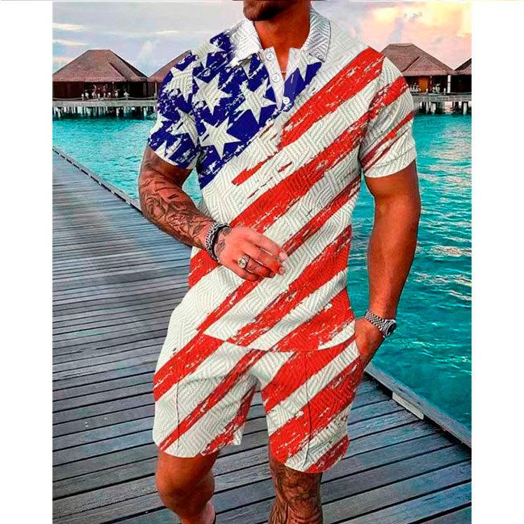 New Men'S Summer Fashion Casual Polo Shirt Collar Casual Set Collar Shorts Set Sports Men'S Solid Color T-Shirt Shorts Running Training Set