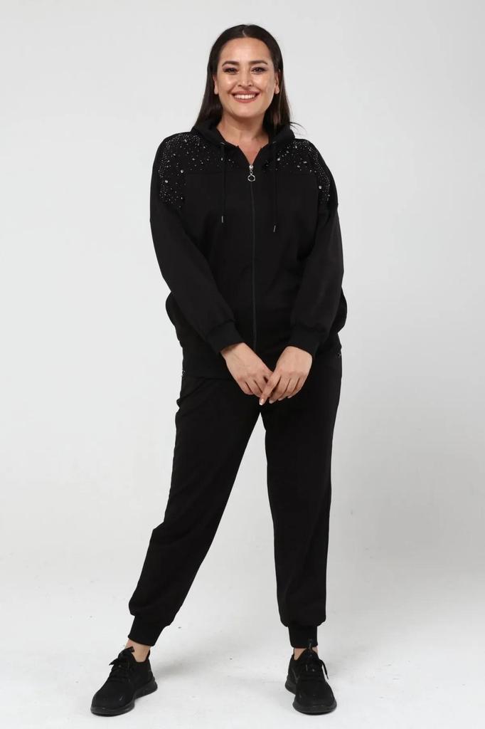 Women's Large Size Stoned Zippered Pocket Jogger Tracksuit Set Black