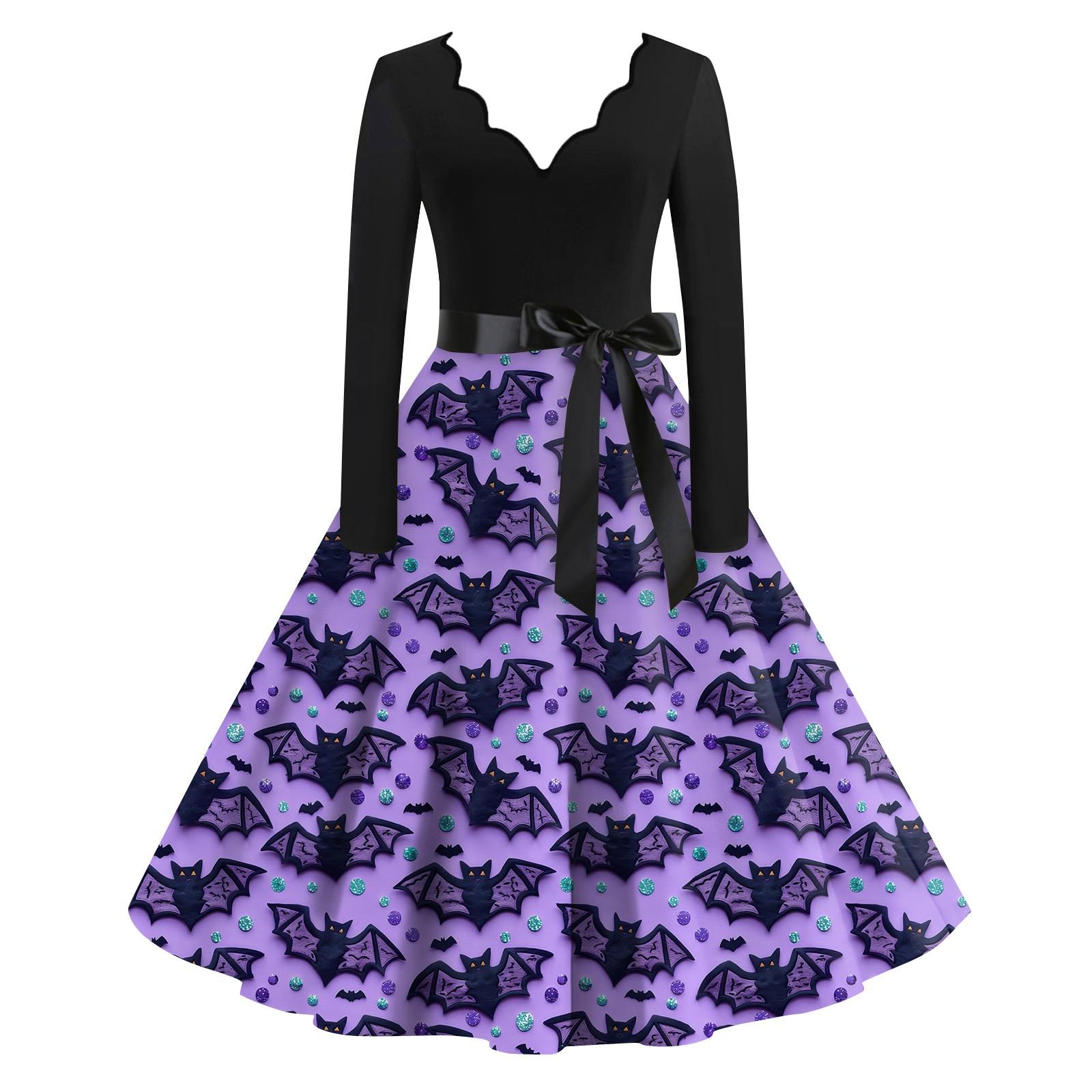 

Женская повседневная мода с длинным рукавом Хэллоуин принт винтажные длинные платья осень XL фиолетовый