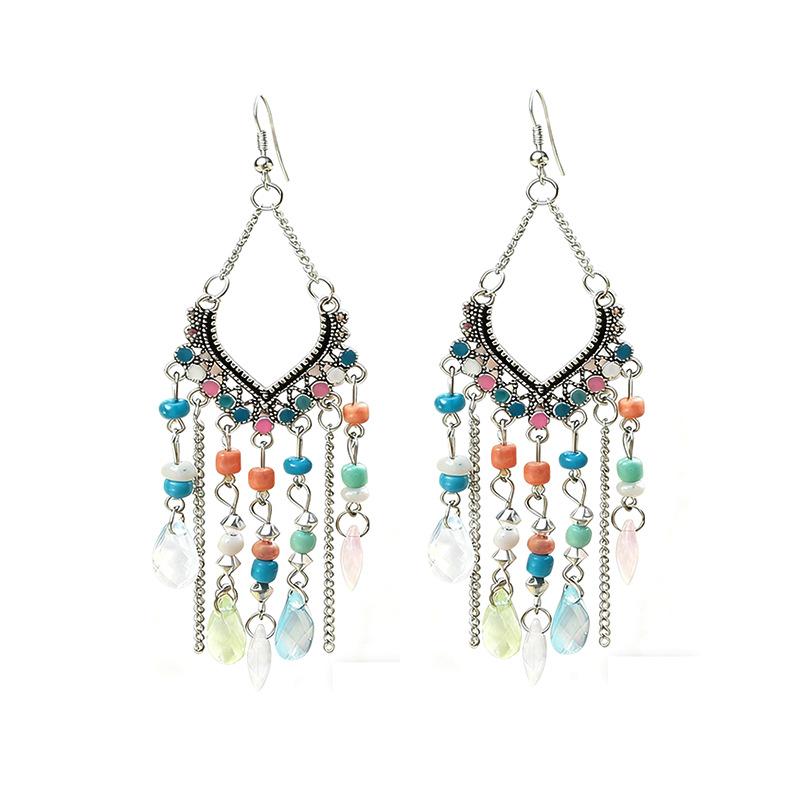 Ethnic Style Crystal Long Fringed Earrings Personalized Photo Show Face Thin Exaggerated Earrings Bohemian Travel Jewelry