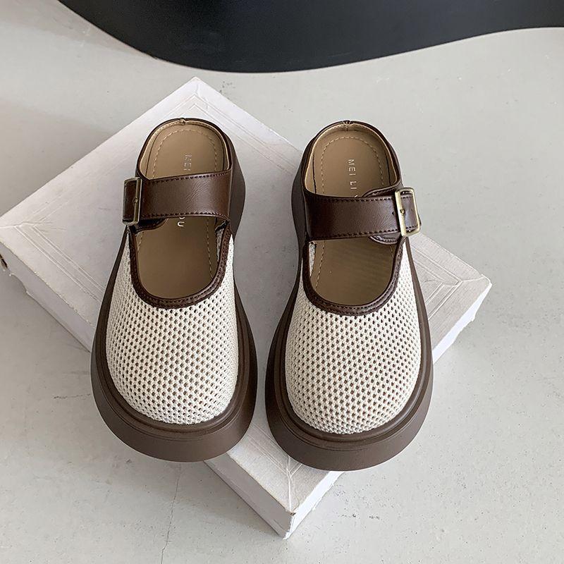Hollow Mesh Half Slippers Women's Outer Wear 2025 New Summer Fashion Mary Jane Single Shoes Platform Muffin Hole Shoes