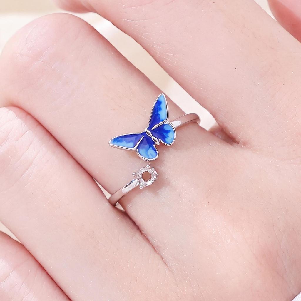 Sterling Silver Gradient Ice Blue Butterfly Enamel Rhinestone Ring, DIY