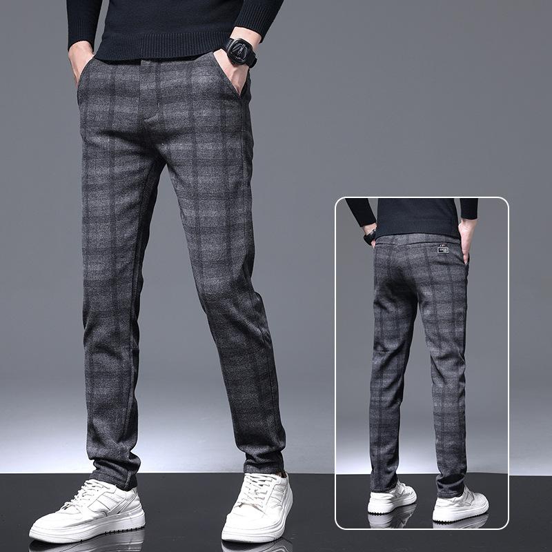 Men'S Spring And Autumn Business Formal Checkered Pants With Western Pants, Slim Fit And Elastic Small Feet, Suit Pants For Men