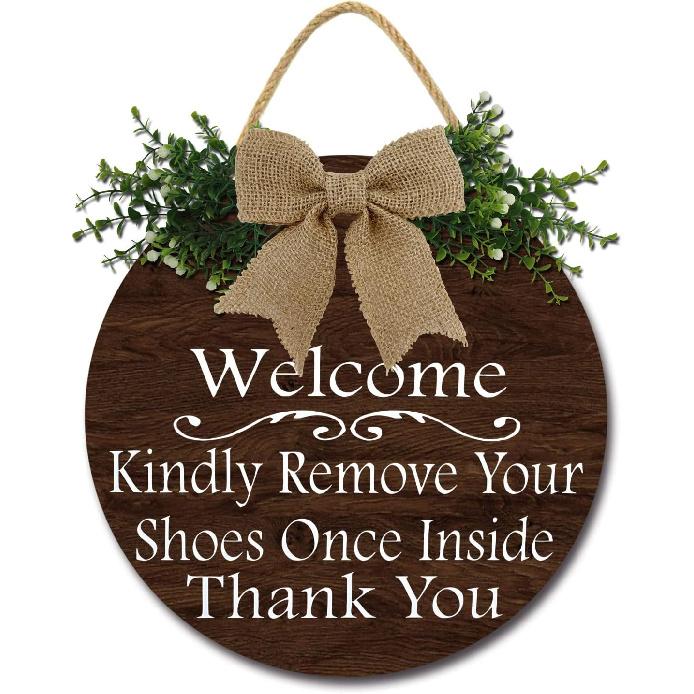 Welcome Kindly Remove Your Shoes Once Inside Thank You Wood Sign Home Decor Door Wall Hanger Keep Clean Manners Take Off Shoes 11*11 Inches Round
