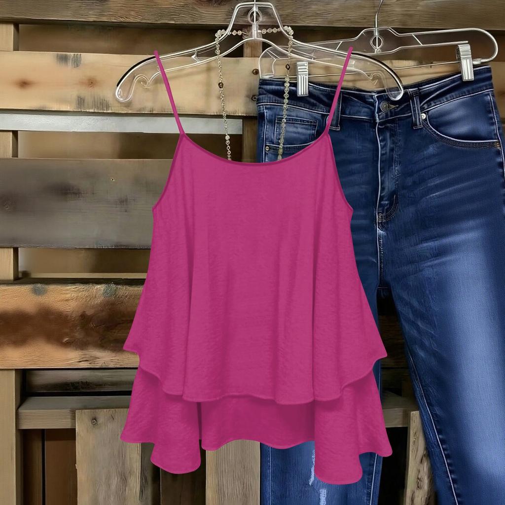 Women Sleeveless Double Layer Camisole Top Solid Color Strap Summer Casual Loose Fit Lightweight Blouse