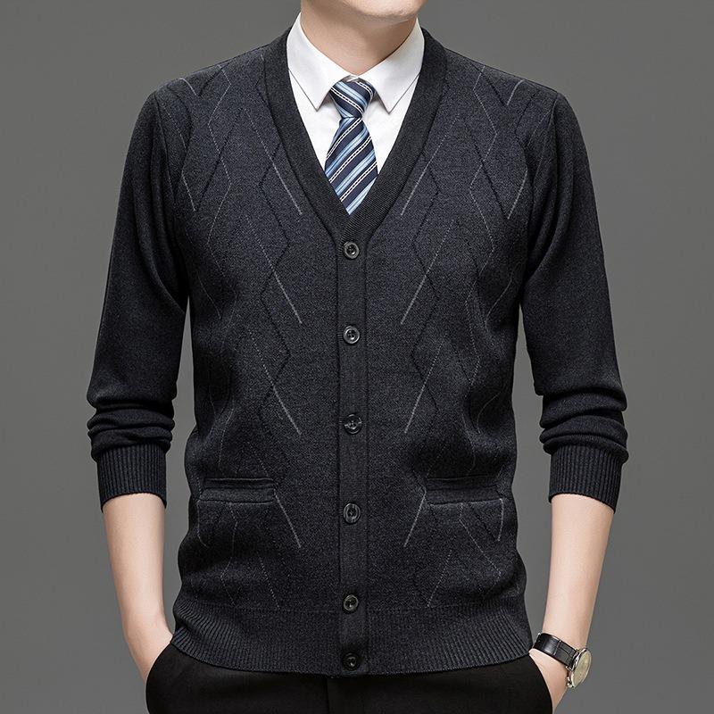 Men Plaid Knit Button Cardigan Casual Sweater Outerwear For Middle Aged Men