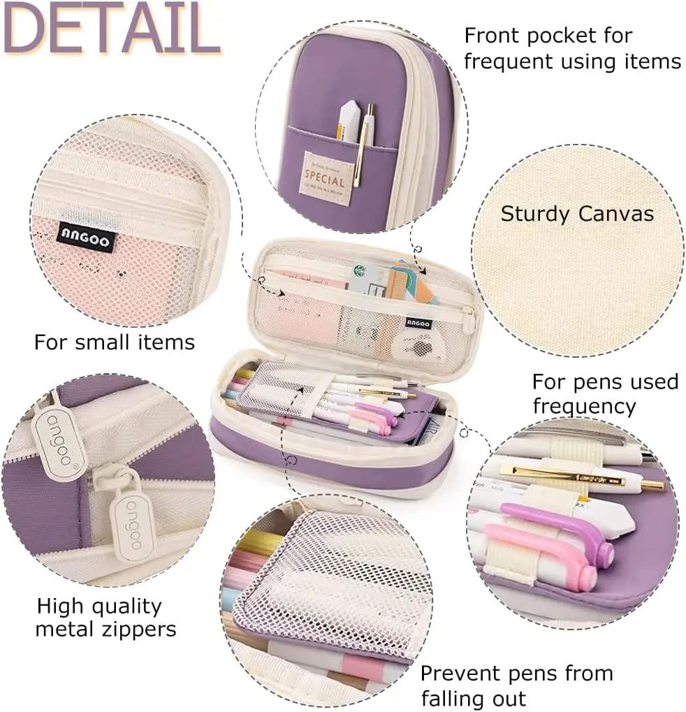 Purple Pencil Case Large Capacity Pen Bag Double Layer for Students Pouch Holder Box Office Stationery Back To School Supplies