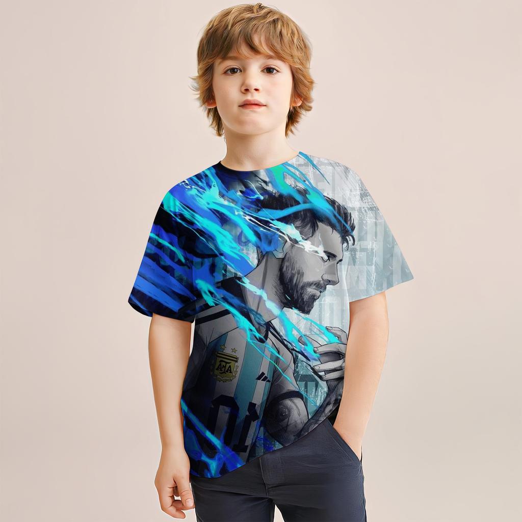 Argentine Team's Summer Boy T-Shirt 3d Cartoon Print Football Star Messi Fashionable Children's Short Sleeved Clothing Girl