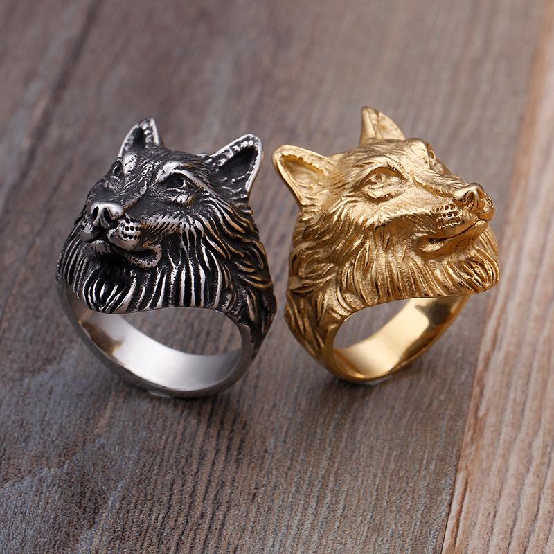 Retro Jewelry, Stainless Steel Electroplated Gold, Domineering Men'S Wolf Head Ring Ring.