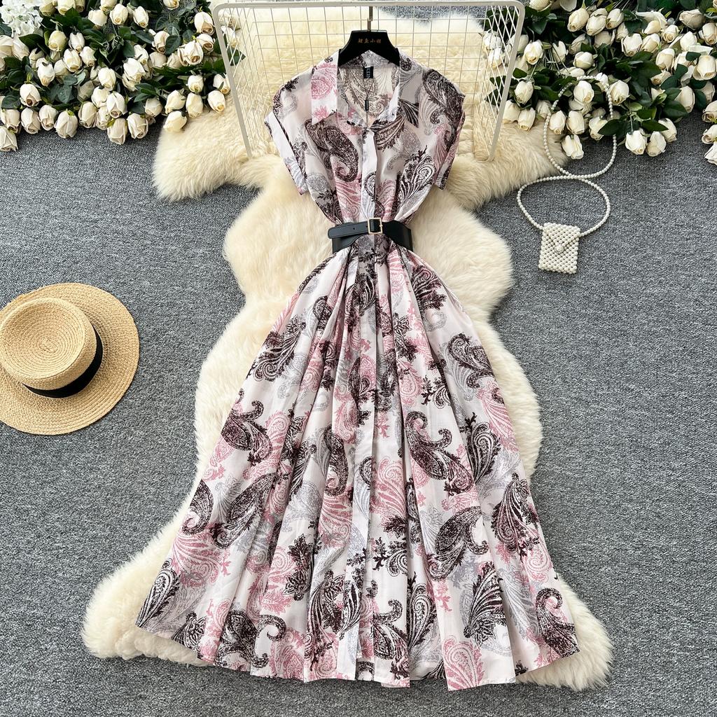 Summer Women Vintage Print Short Sleeve Turn-down Collar Single Breasted Long Midi Party Shirt Dresses with Belt
