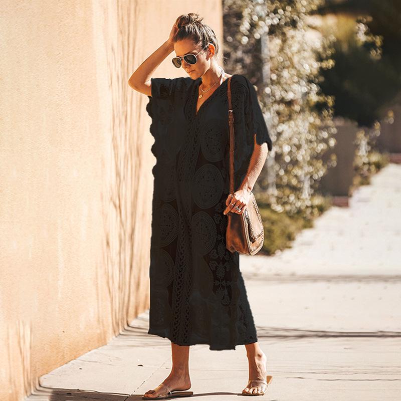 

European and American Mesh Embroidery Sun Protection Mid-length Robe Dress - Bikini Cover-up Swimsuit Outerwear One Size