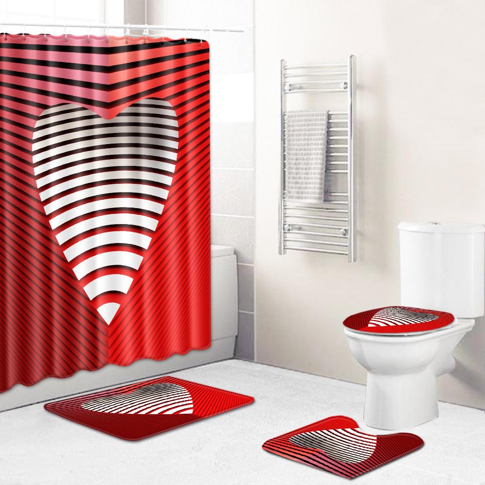 Valentine'S Day Toilet Shower Curtain Four-Piece Printed Floor Mat Set Bathroom Floor Mat Bedroom Absorbent Door Mat Carpet