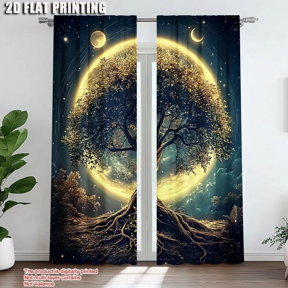 2Pcs Coastal Forest Tree Print Curtains Rod Hole Design For Kitchen Living Room Office Bedroom Home Decor Sun Privacy