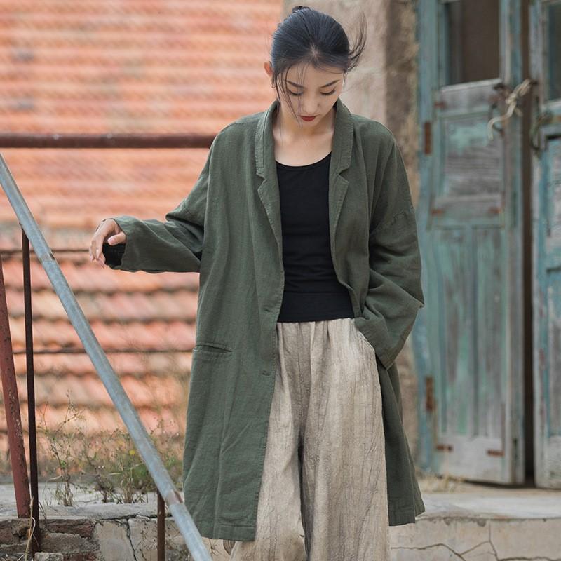 Johnature Dámské Vintage Ramie Bavlněný kabát na míru Jednobarevné Kapsy s dlouhým rukávem Oblečení Podzimní volné kabáty