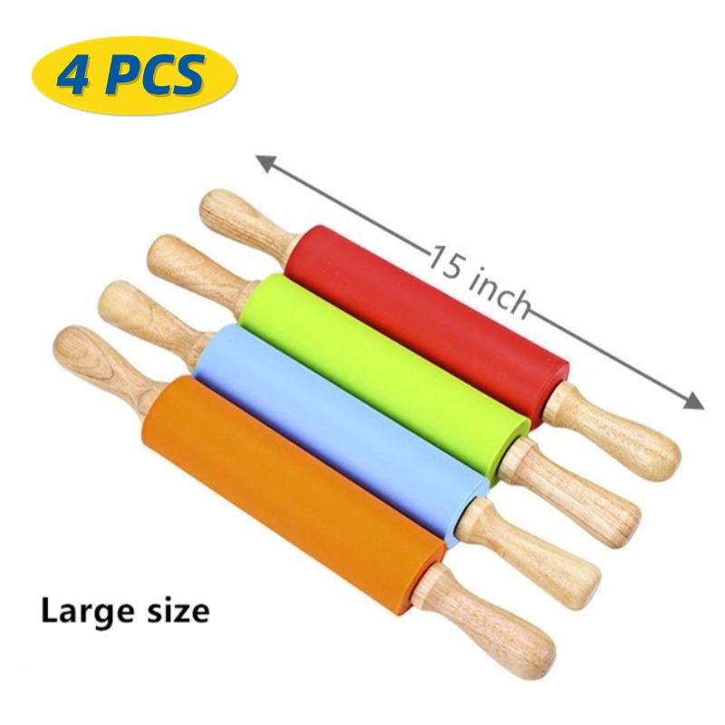 1/4Pcs Non-Stick Silicone Rolling Pin Wooden Handle Pastry Dough Flour Roller Kitchen Cooking Kid Baking Tool For Pasta Dough