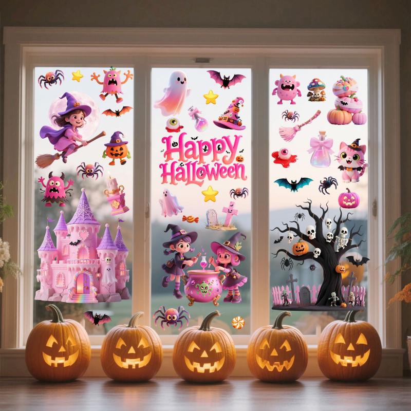 Halloween Window Sticker Pumpkin Witch Bat Castle Pattern Wall Stickers Halloween Decals