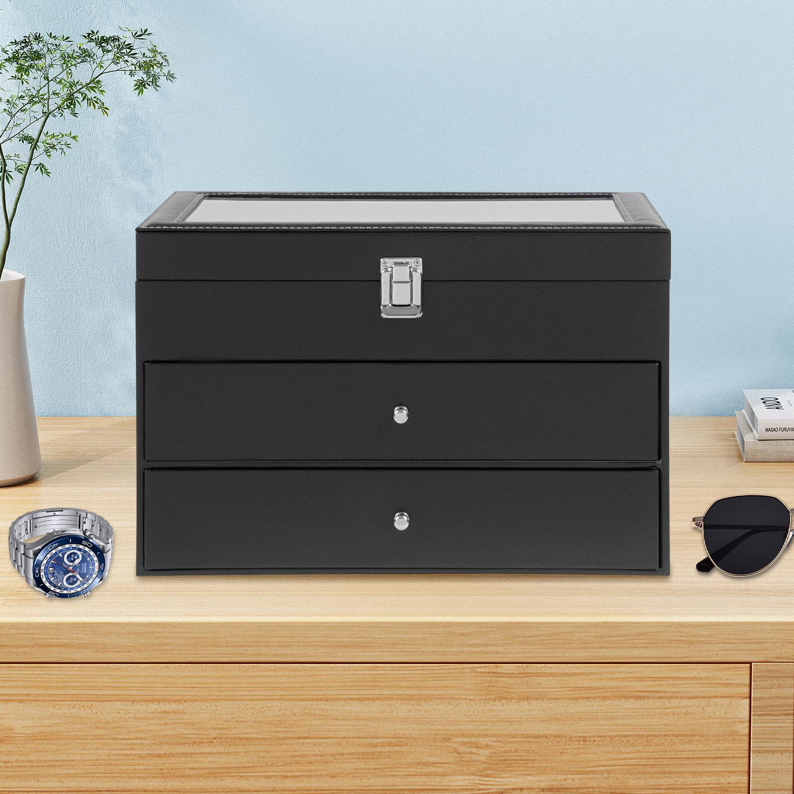 

Luxury Watch Box & Eyeglass Display Case with Clear Glass Top - Holds 12 Watches & 12 Glasses - 3-Tier Modern Storage Organizer чёрный