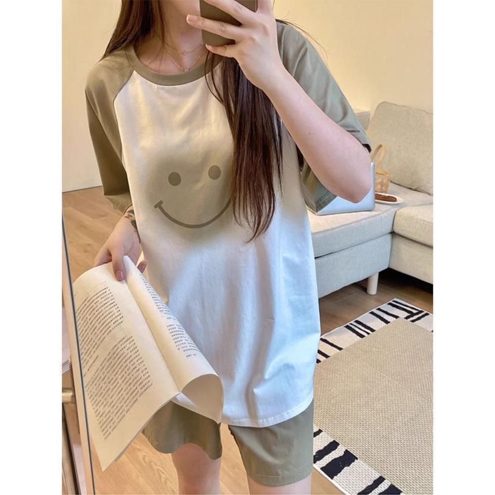 New Summer Color-blocking Short-sleeved Pajamas Set for Women's Gradient Smiley Face Sweet and Cute Cartoon Thin Style