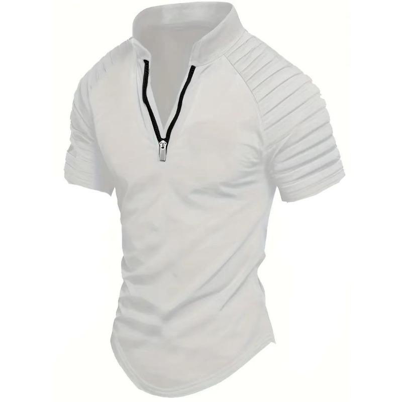 Men Casual Short Sleeve Zip Up Pleated Sports Polo Shirt S