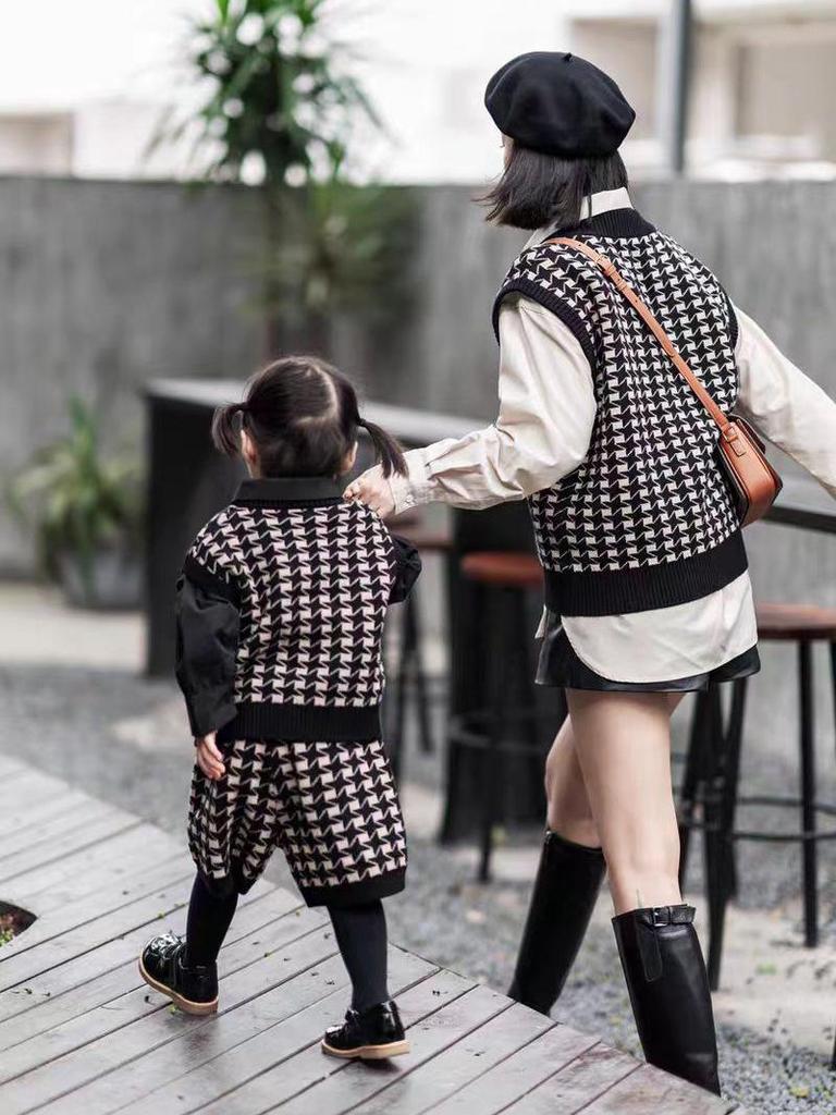 Children's Retro Houndstooth Cotton Knit Cardigan Vest