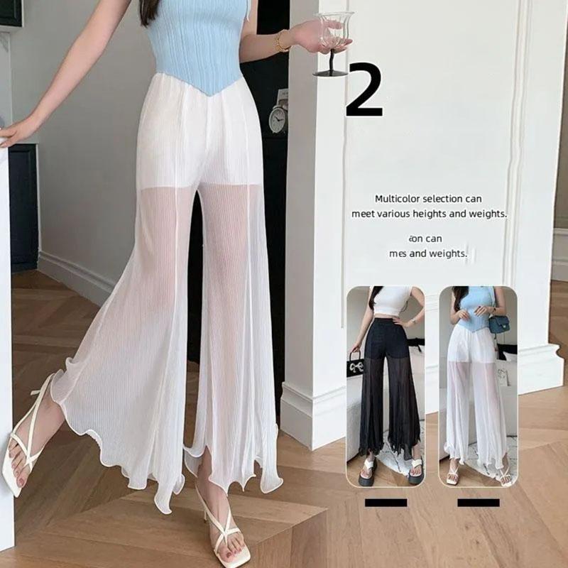 Weiße Netzhose mit weitem Bein für Damen, ausgestellte Hose mit Rüschen, elastischer Bund, Plissierte, klimatisierte Hose, Tanzhose für den Sommer