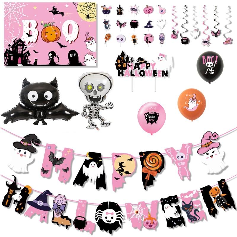 Pink Halloween Party Decorative Skull Balloon Pumpkin Banner Cake Insert Set
