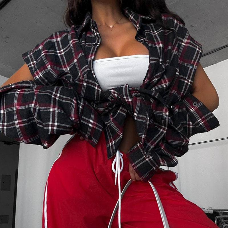 New Fashion Plaid Shirt Women Autumn Long Sleeve Top Female Detachable Sleeve Blouse Ladies Classic Casual Shirts Streetwear