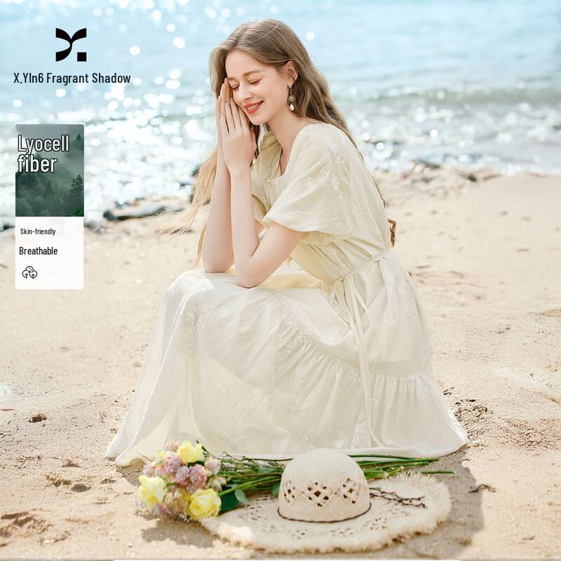 Elegant French Embroidered Tencel Puff Sleeve Dress S