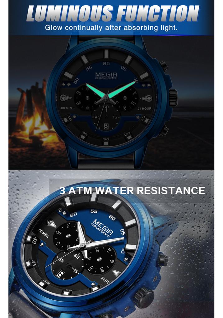 MEGIR Fashion Military Sport Watches for Men Waterproof Quartz Wristwatch Chronograph Luminous Calendar Clock 24-hour 2080
