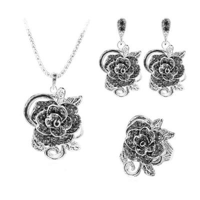 Fashion Rose Flower Pendant Necklace Earrings Finger Ring Lady Party Jewelry Set