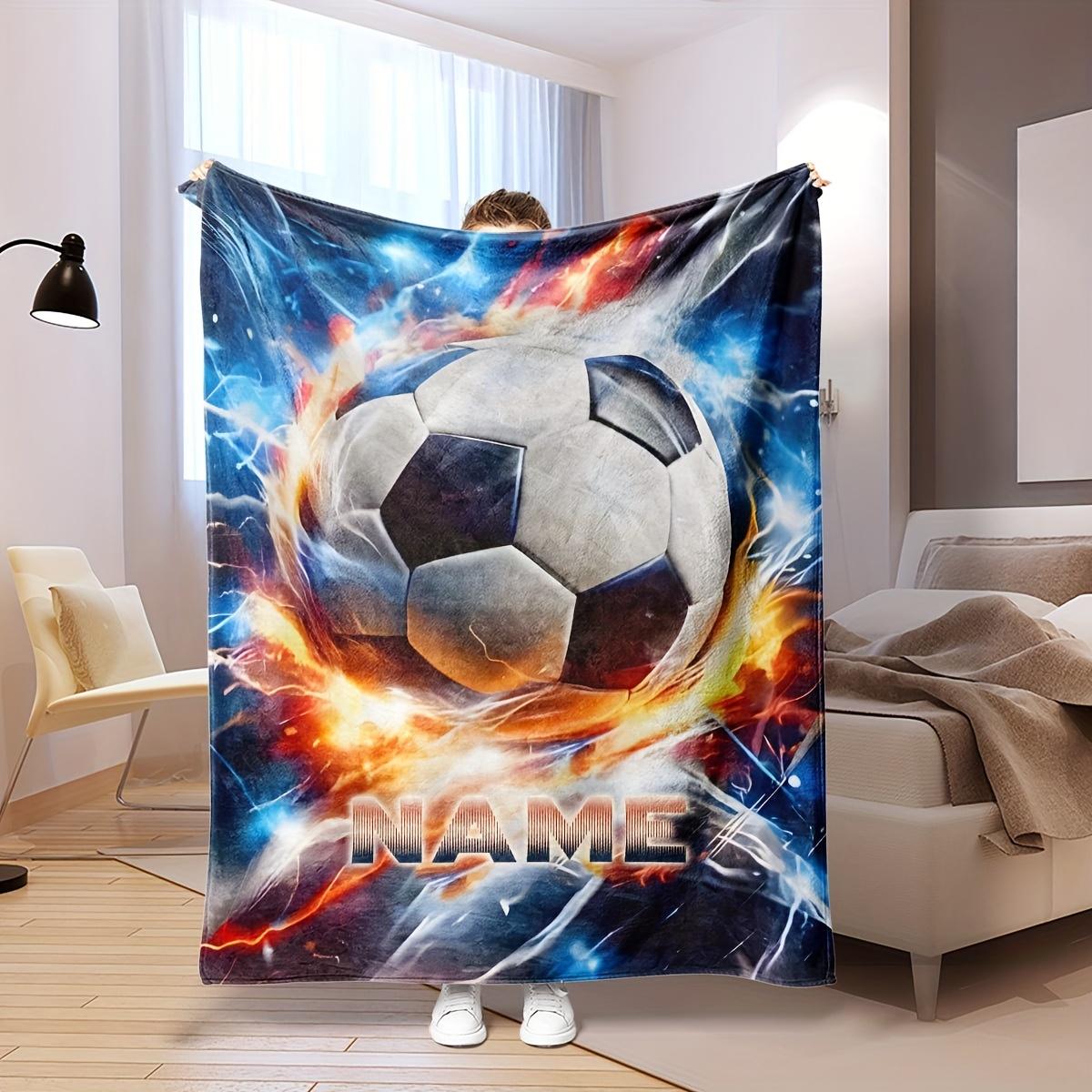 

Personalized Soccer Ball Blanket Name Fire Design Soft Fleece Throw Football Fan Gift Home Decor Sports Art 75x100cm