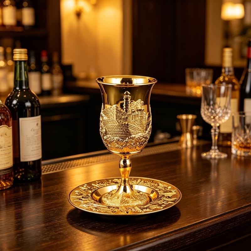 Liquor Serving Cup with Tray, Relief Pattern Metal Goblet for Dining Table Placement, Cabinet Use, and Baijiu Tasting