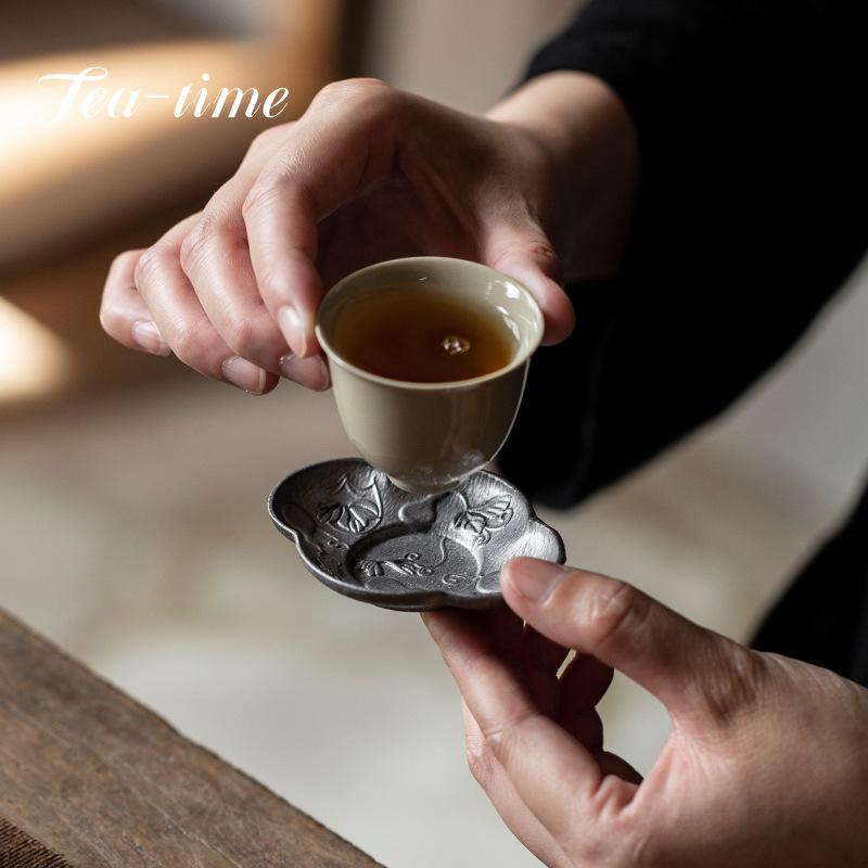 Japanese Retro Pure Tin Coaster Zen Tea Saucer Insulation Pad Old Tin Tea Coaster Cup Holder Tea Ceremony Tea Set Accessories