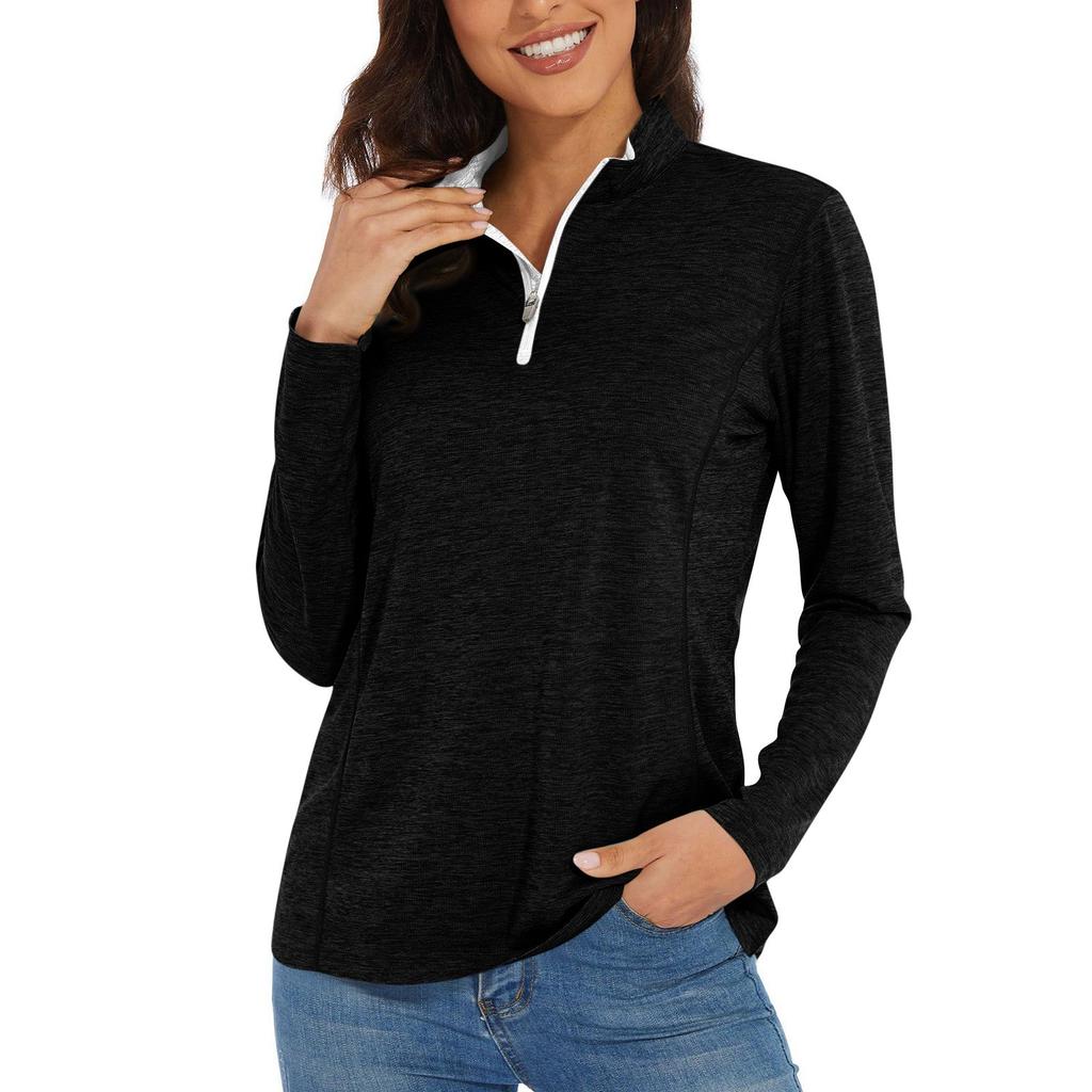 Women's Casual Fashion Solid Color Long Sleeve Zipper Neck Top T-shirt