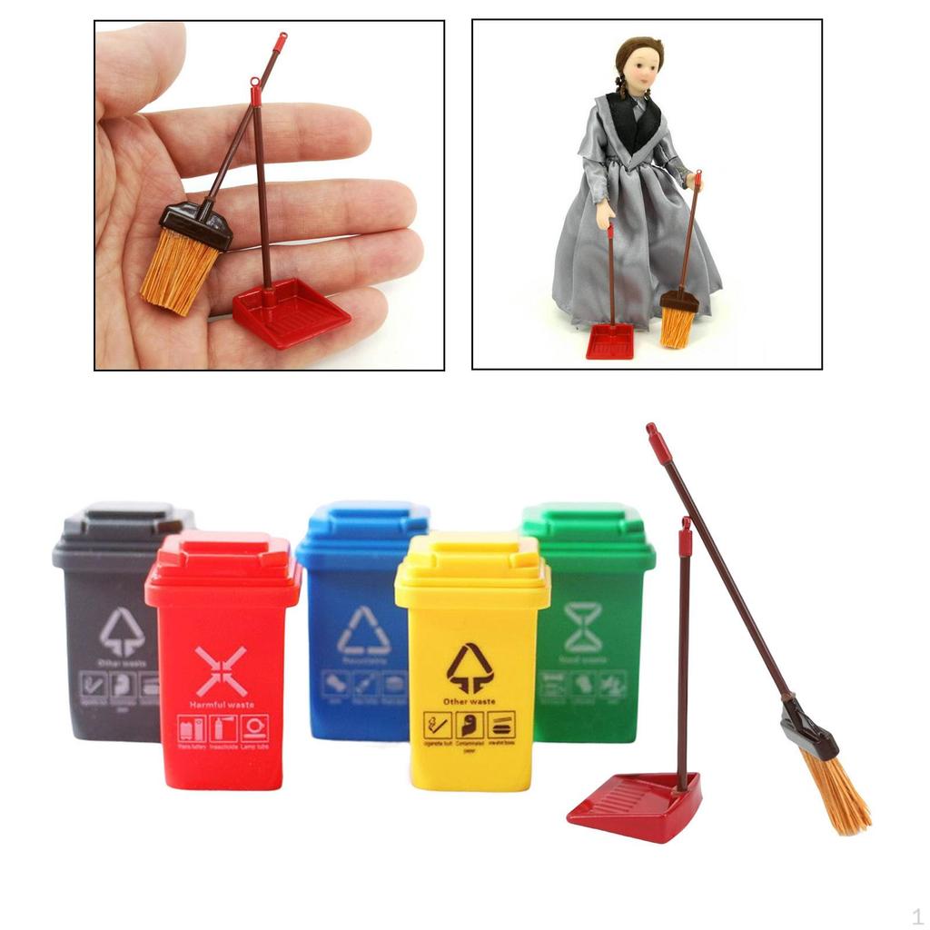 1:12 Dolls House Miniature Classification Rubbish Bin Bucket Dustpan Broom Cleaning Cleaner Tools