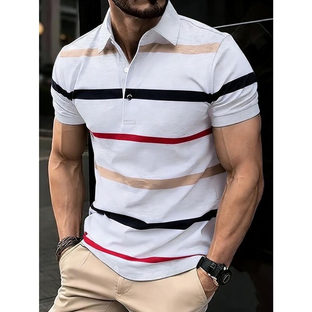 2026 Summer New Style Men's Short-Sleeved Polo Shirt with 3D Stripes Print - Street Casual Fashionable