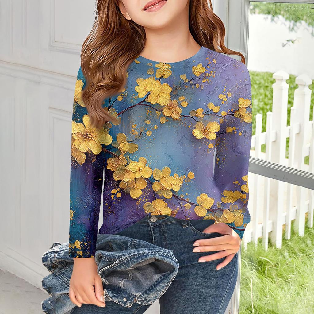 Girls Long Sleeve T Shirts Kids Fall Tops Crewneck Printed Basic Tees