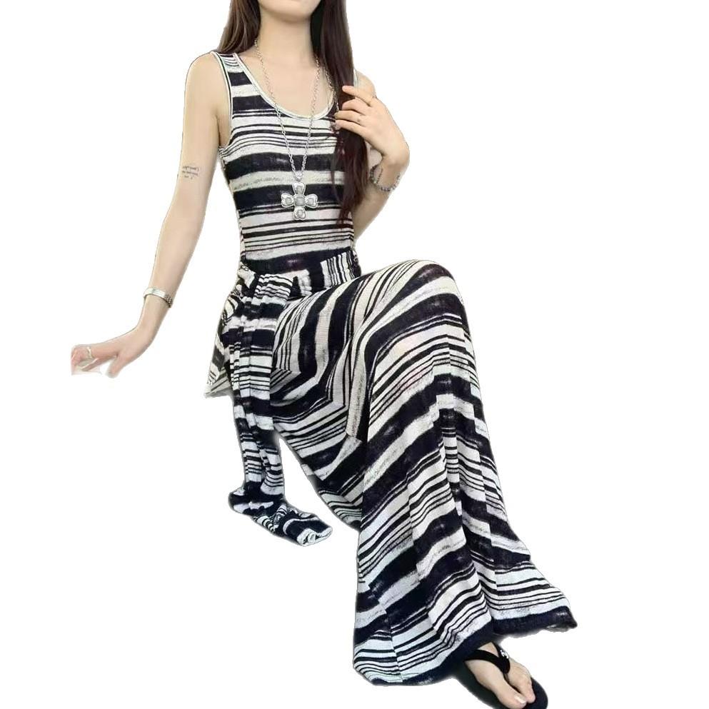 Black and white striped dress women's summer retro strap waist slim skirt sleeveless French temperament a word long dress