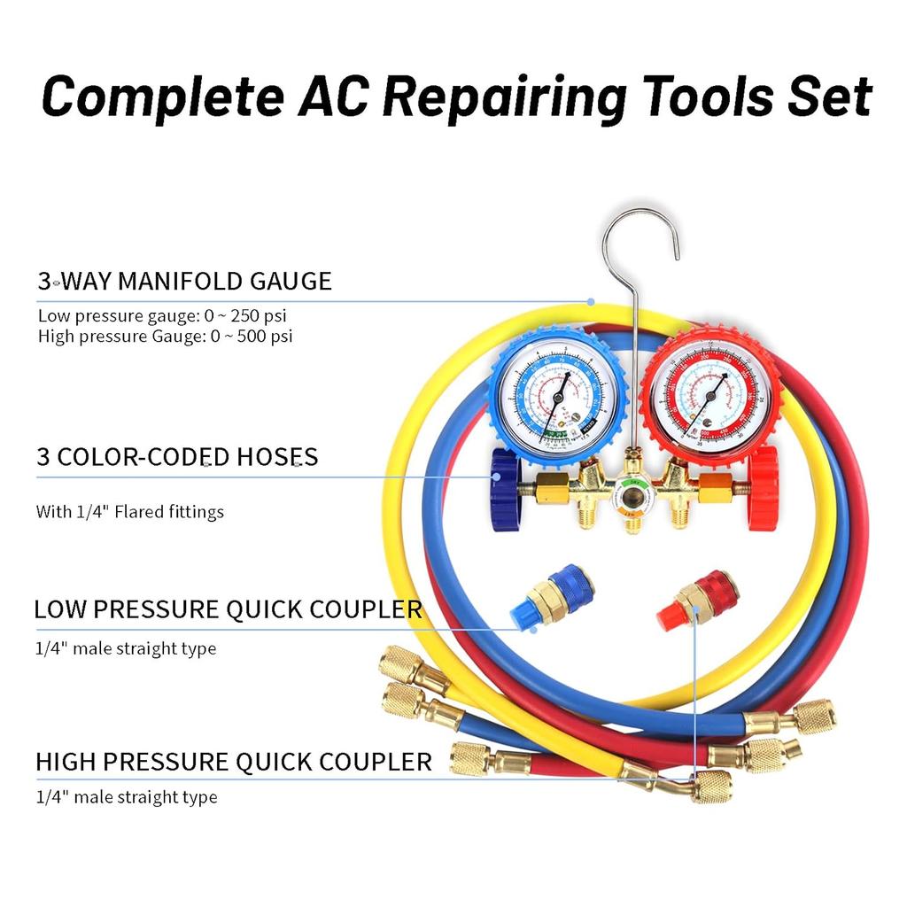 Refrigerant Air Conditioning Tools AC Diagnostic Manifold Gauge Set Hose Hook Kit for Refrigerant Testing R502 R22 R12 R134A