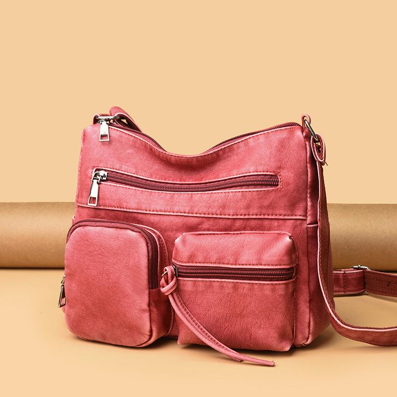 New women's bag retro fashion faded soft leather shoulder bag trendy multi-pocket large-capacity messenger bag