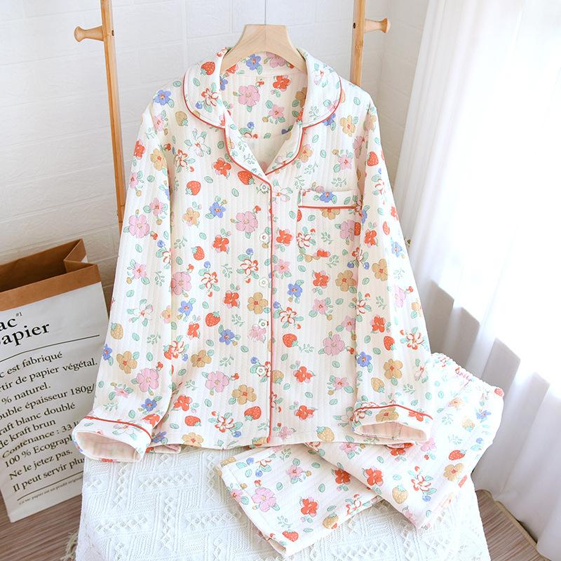 1011 new autumn and winter pajamas women's thickened pure cotton lapel can be worn outside cotton padded loungewear set sweet printing