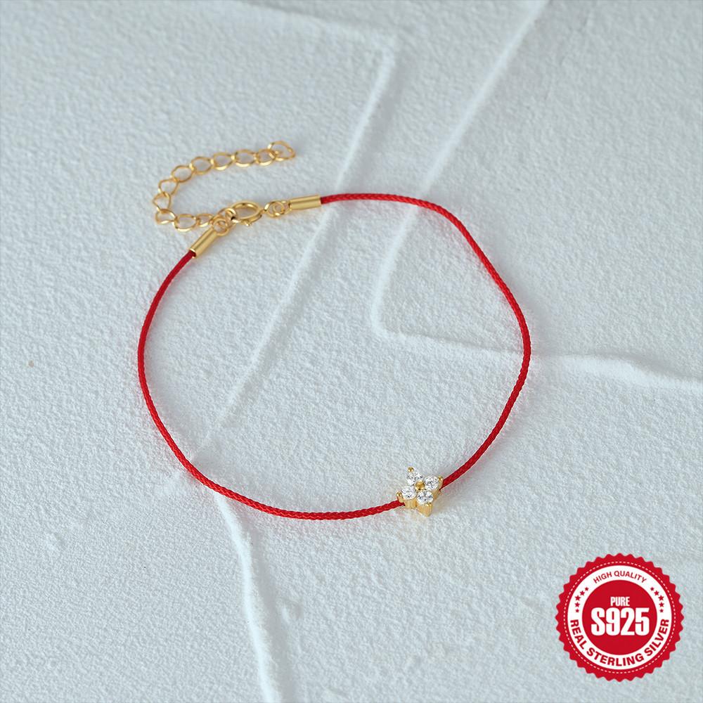Simple Daily Versatile S925 Sterling Silver Single Diamond Flower Clover Red Rope Ladies Bracelet