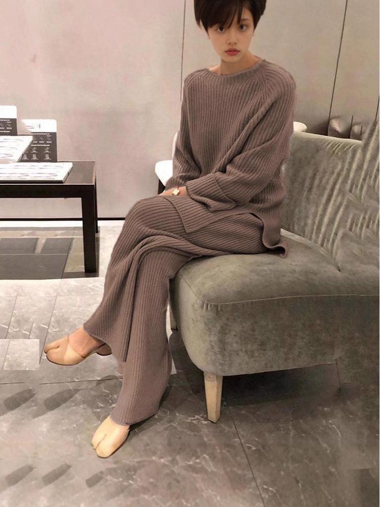 2025 Damen Herbst/Winter Langarm Einfarbig Gestrickt Lässig Zweiteiliges Set